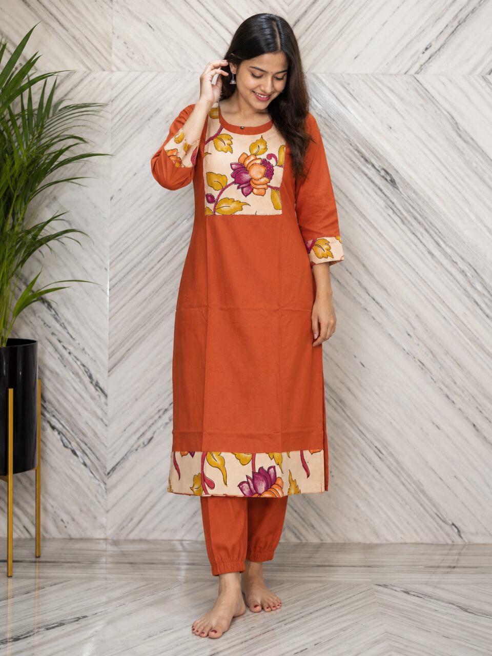 Women’s Rust Orange Floral Printed Straight Kurta with Pant Set | Stylish 2 Piece Ethnic Wear