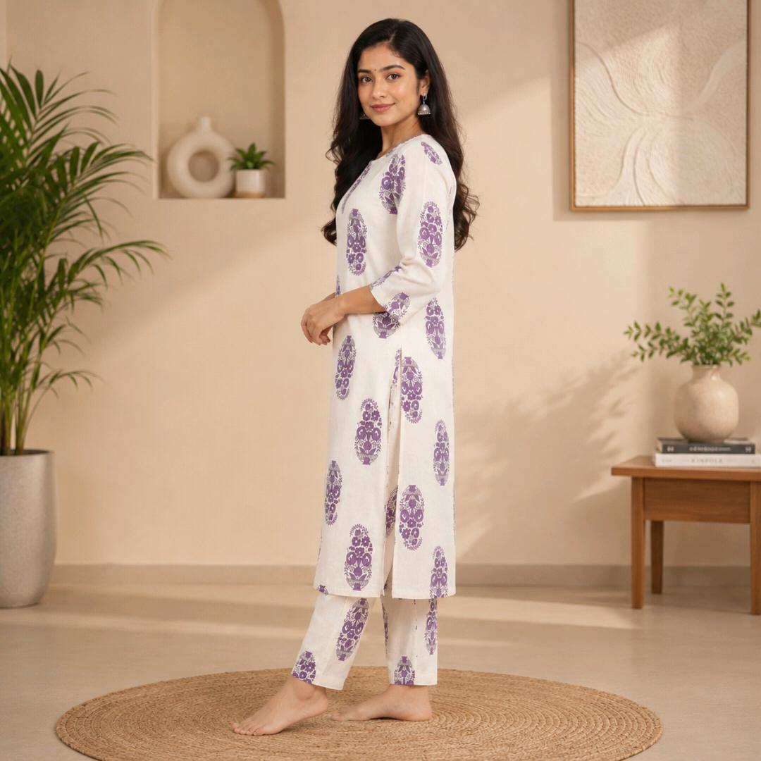 Women’s Stylish Printed Straight Kurti – White Floral Zigzag Design | Regular Fit | Short Sleeves | Casual & Daily Wear