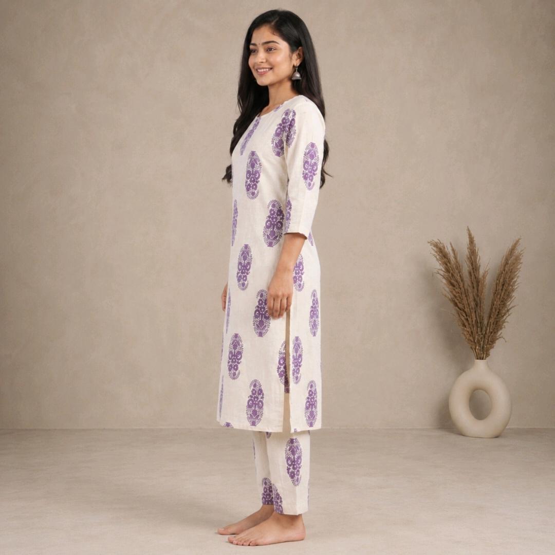 Women’s Stylish Printed Straight Kurti – White Floral Zigzag Design | Regular Fit | Short Sleeves | Casual & Daily Wear