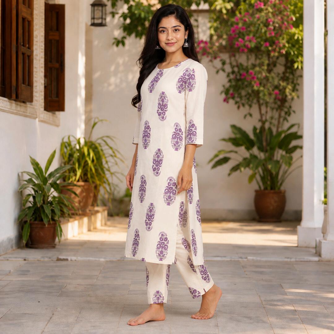 Women’s Stylish Printed Straight Kurti – White Floral Zigzag Design | Regular Fit | Short Sleeves | Casual & Daily Wear