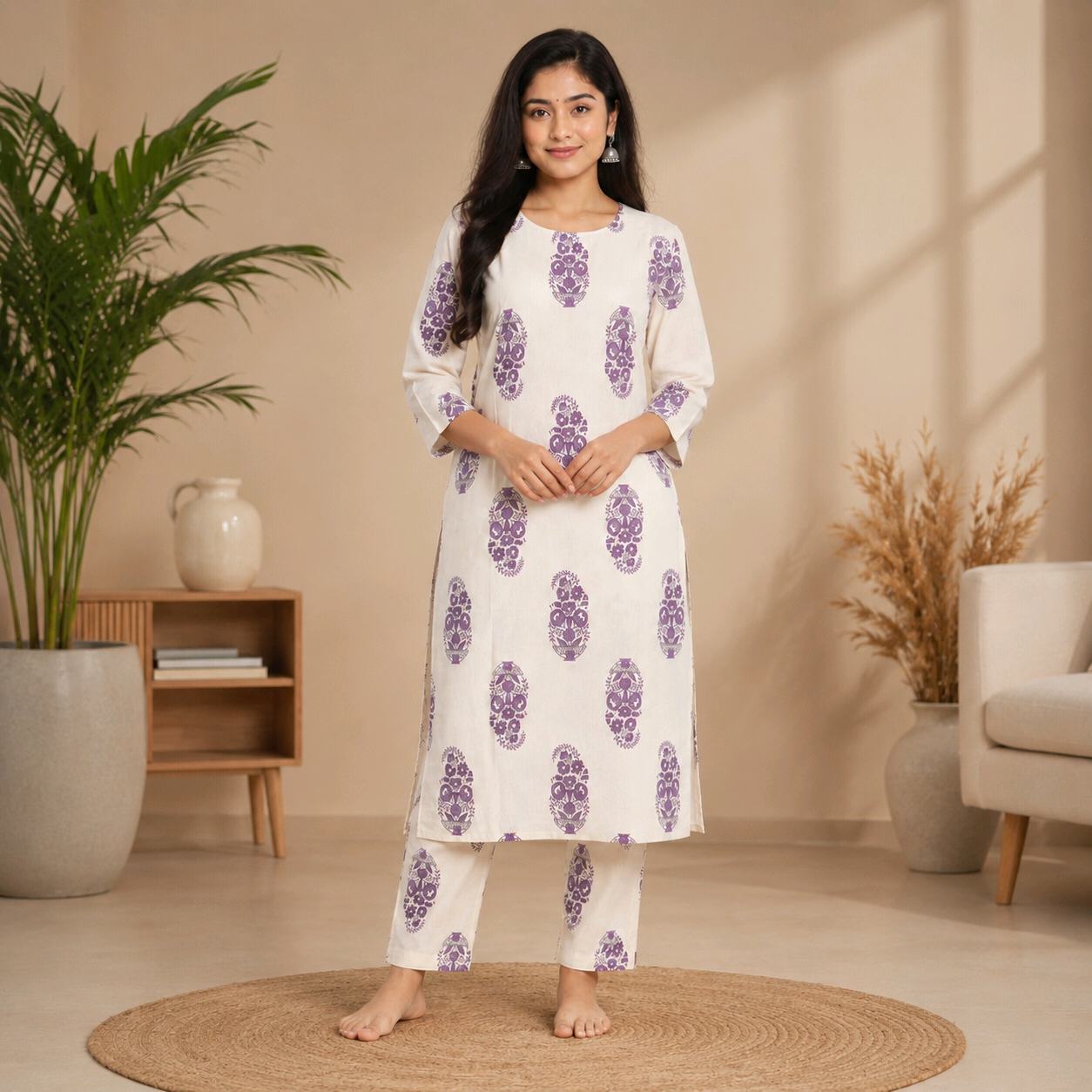 Women’s Stylish Printed Straight Kurti – White Floral Zigzag Design | Regular Fit | Short Sleeves | Casual & Daily Wear