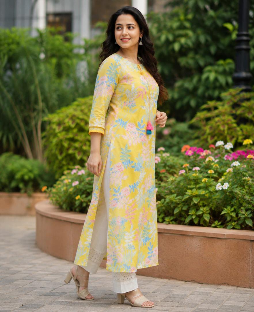 Women’s Yellow Floral Printed Straight Kurti | 3/4 Sleeve Cotton Blend Kurta | Stylish Casual & Festive Wear