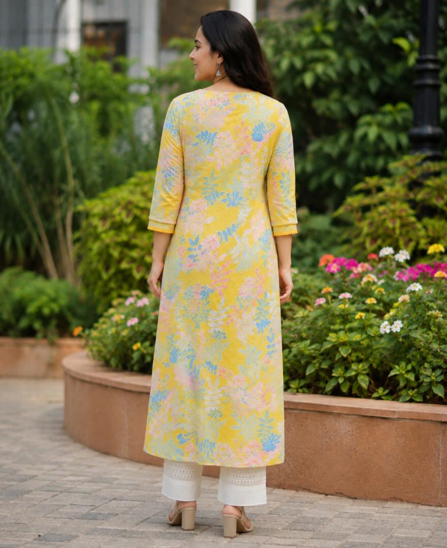 Women’s Yellow Floral Printed Straight Kurti | 3/4 Sleeve Cotton Blend Kurta | Stylish Casual & Festive Wear