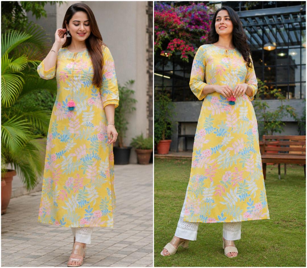 Women’s Yellow Floral Printed Straight Kurti | 3/4 Sleeve Cotton Blend Kurta | Stylish Casual & Festive Wear