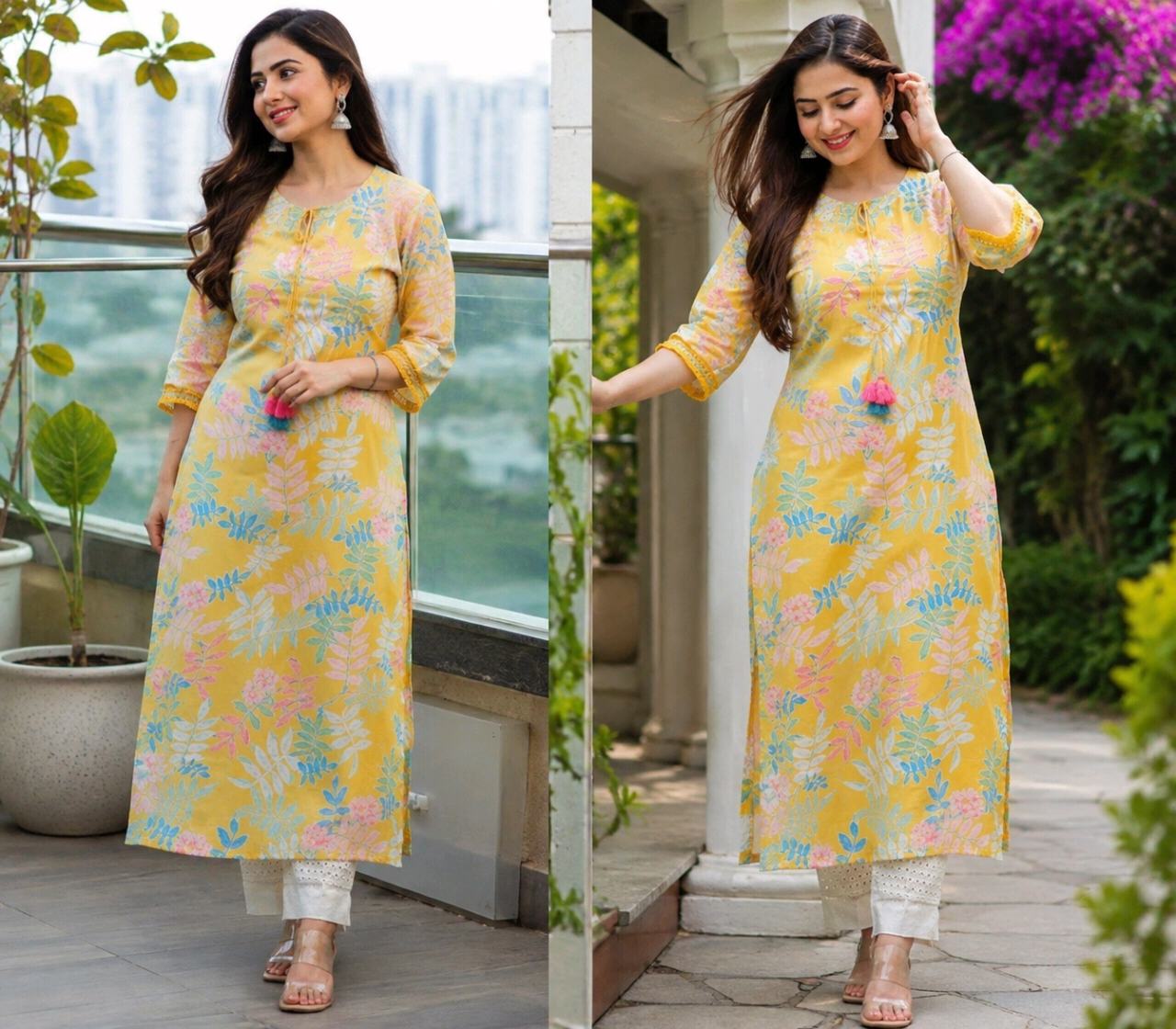 Women’s Yellow Floral Printed Straight Kurti | 3/4 Sleeve Cotton Blend Kurta | Stylish Casual & Festive Wear