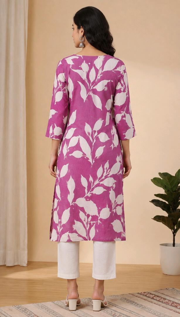 Women’s Printed Straight Kurta | Pink Floral Leaf Print Kurti | 3/4 Sleeve Cotton Look Ethnic Wear (Copy)