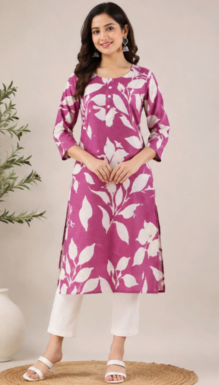 Women’s Printed Straight Kurta | Pink Floral Leaf Print Kurti | 3/4 Sleeve Cotton Look Ethnic Wear (Copy)