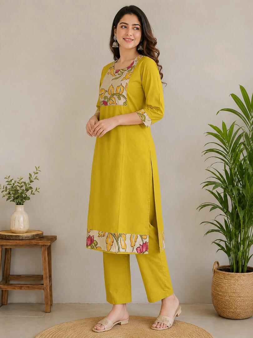 Women’s Pure Cotton Printed Kurta Pant Set | Mustard Yellow Floral 2 Piece Ethnic Wear Set (Copy)